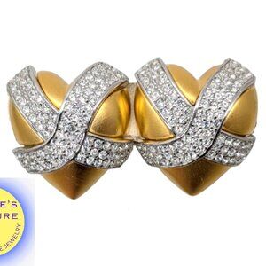 Vintage Signed Givenchy Goldtone Pavé Clear Rhinestone X Heart Clip Earrings